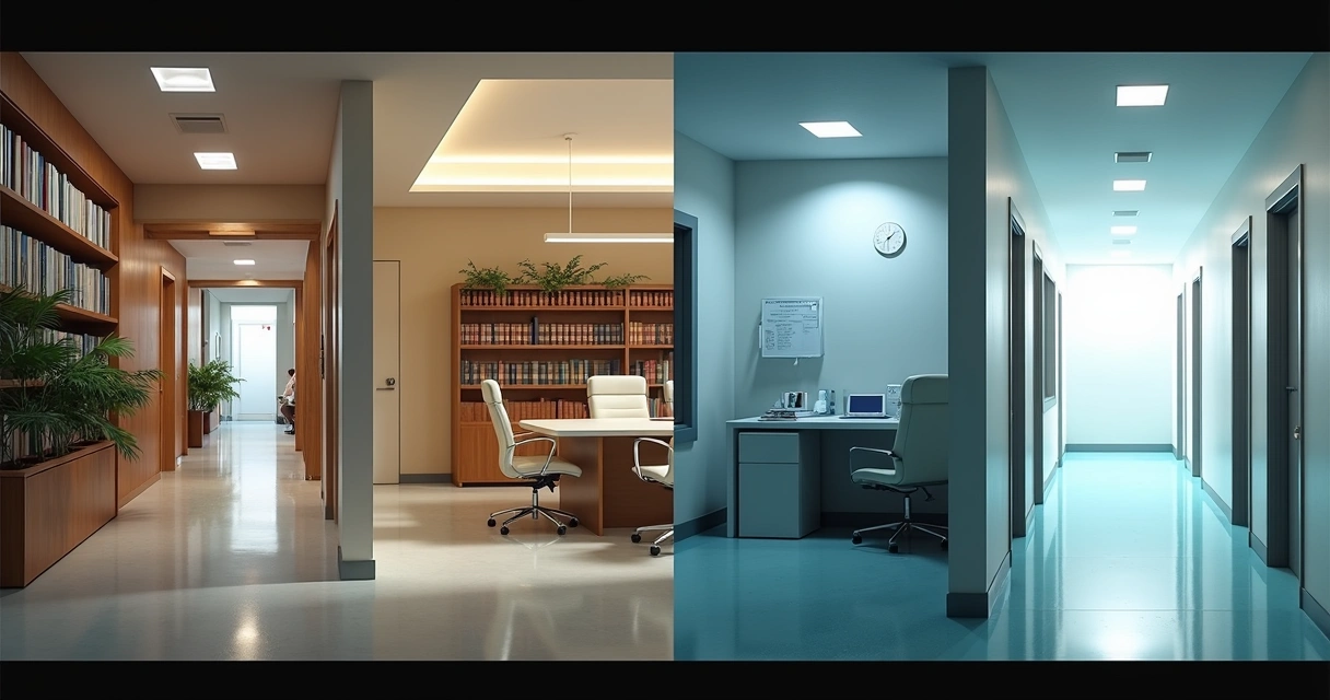 Quatro ambientes mostrando níveis de iluminação diferentes: biblioteca, escritório, corredor e hospital 