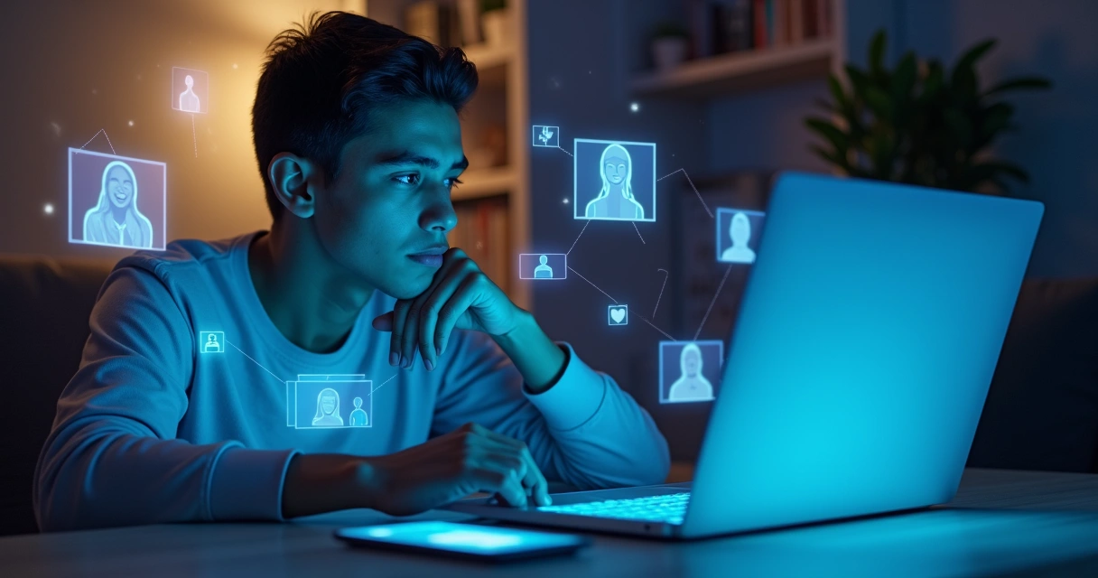 Pessoa olhando para tela com várias janelas de conversas digitais ao redor 