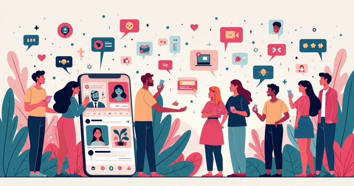 Ambiente digital interativo com smartphone mostrando Instagram, emojis, likes e hashtags flutuantes.