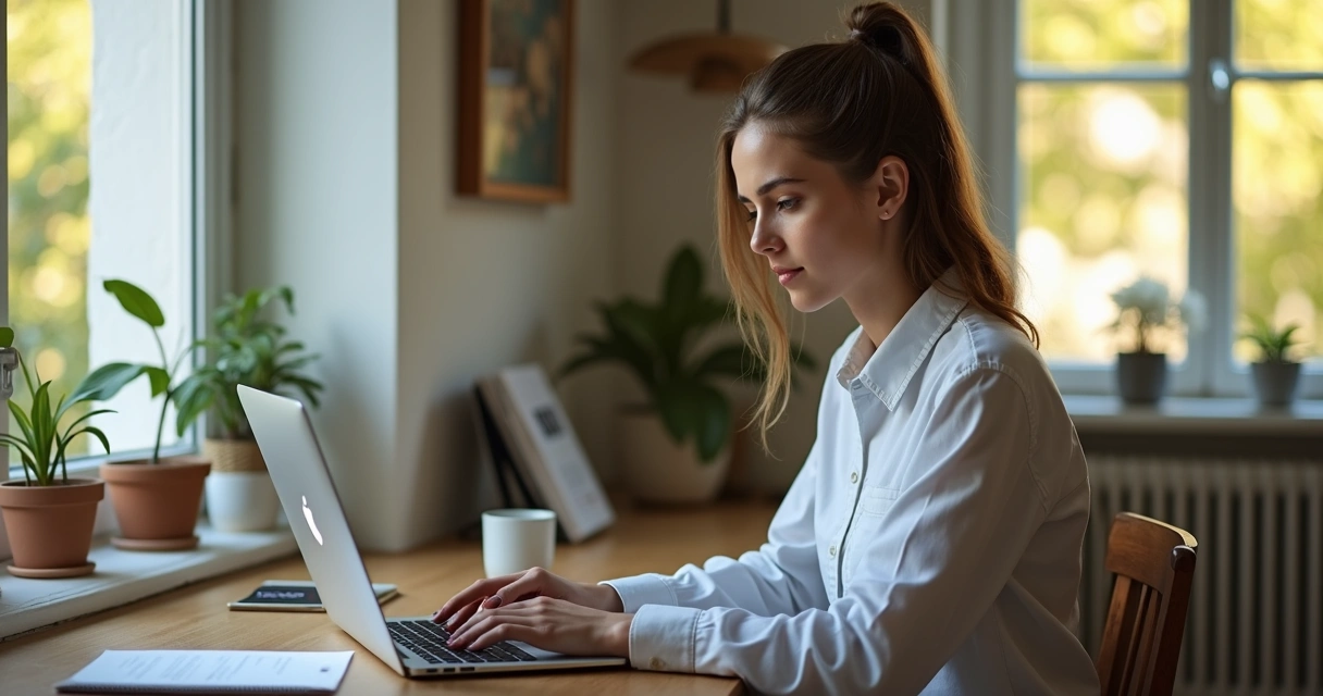 Pessoa trabalhando em notebook com postura relaxada ao lado de uma janela aberta