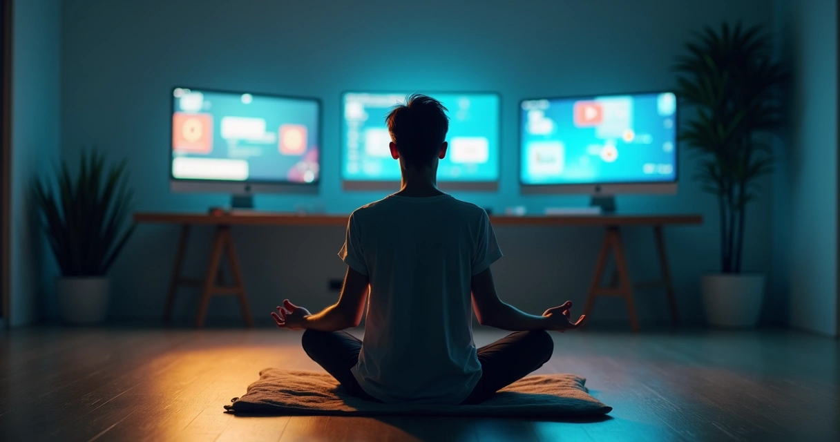 Pessoa meditando em sala escura com telas digitais ao fundo 