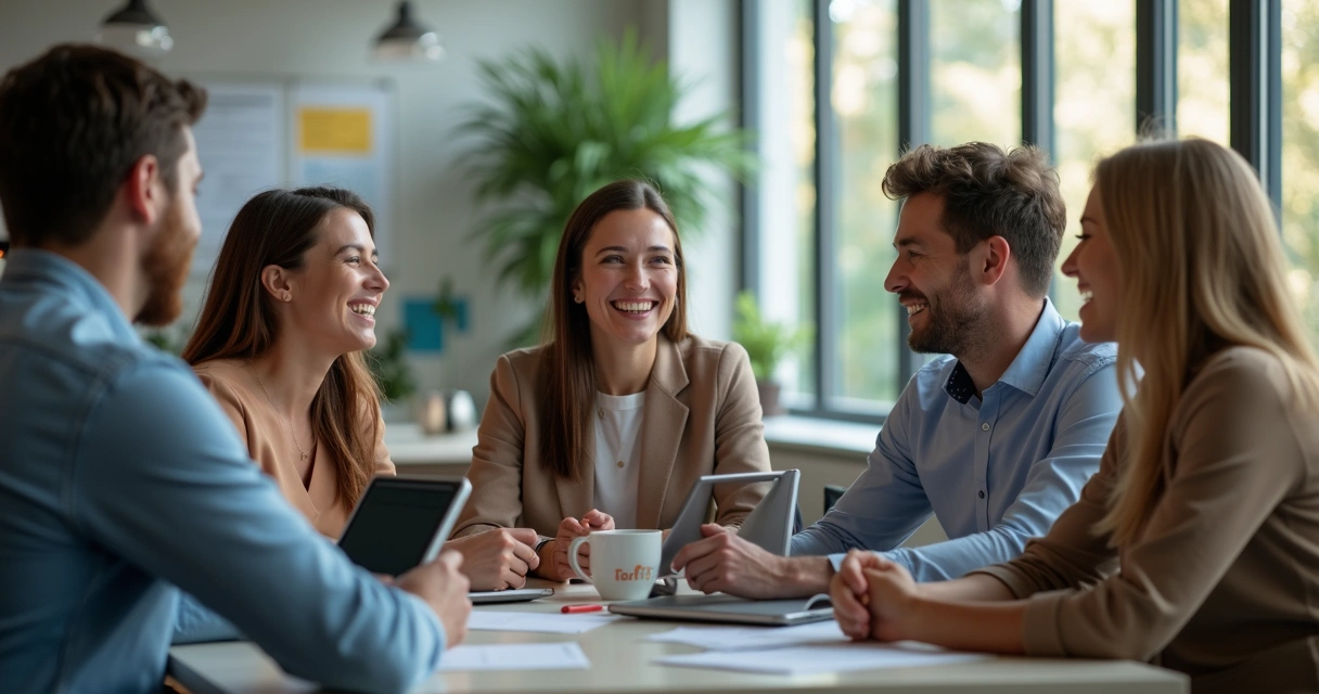 Grupo de pessoas reunidas em círculo conversando, computadores e tablets sobre uma mesa. 
