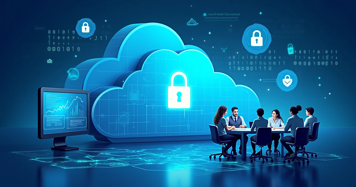 Ambiente digital seguro mostrando nuvem de dados com ícones de segurança em destaque.