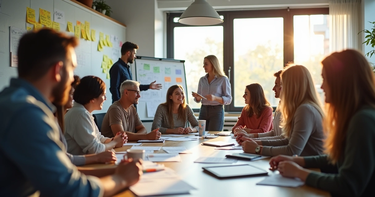 Equipe diversa em reunião, colaborando de forma inclusiva