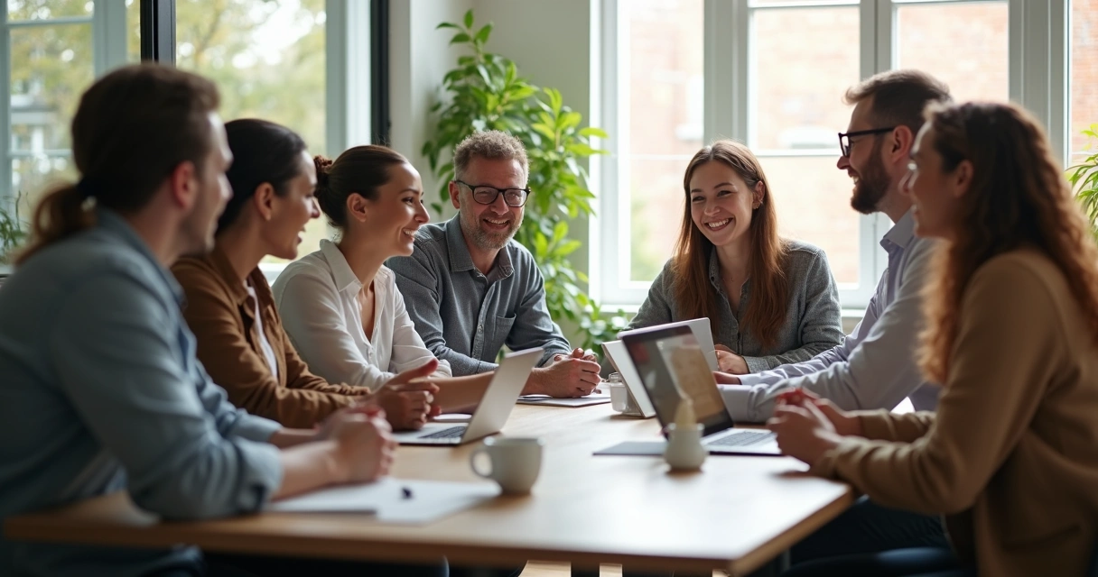 Grupo diverso de pessoas em uma mesa de trabalho trocando ideias de forma harmoniosa e colaborativa 