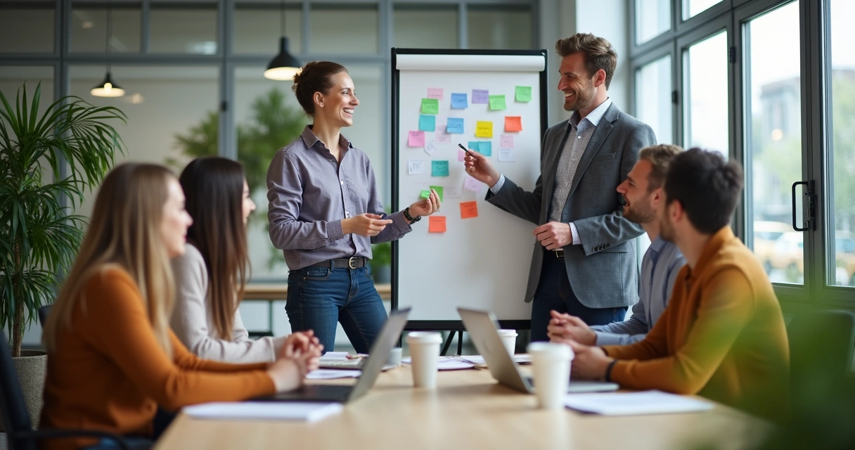 Colegas de trabalho sorrindo enquanto trocam ideias em ambiente de escritório moderno 