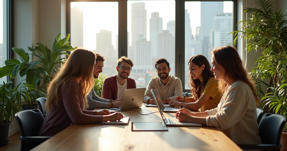 Equipe reunida em sala de trabalho aberta, parecendo cooperativa