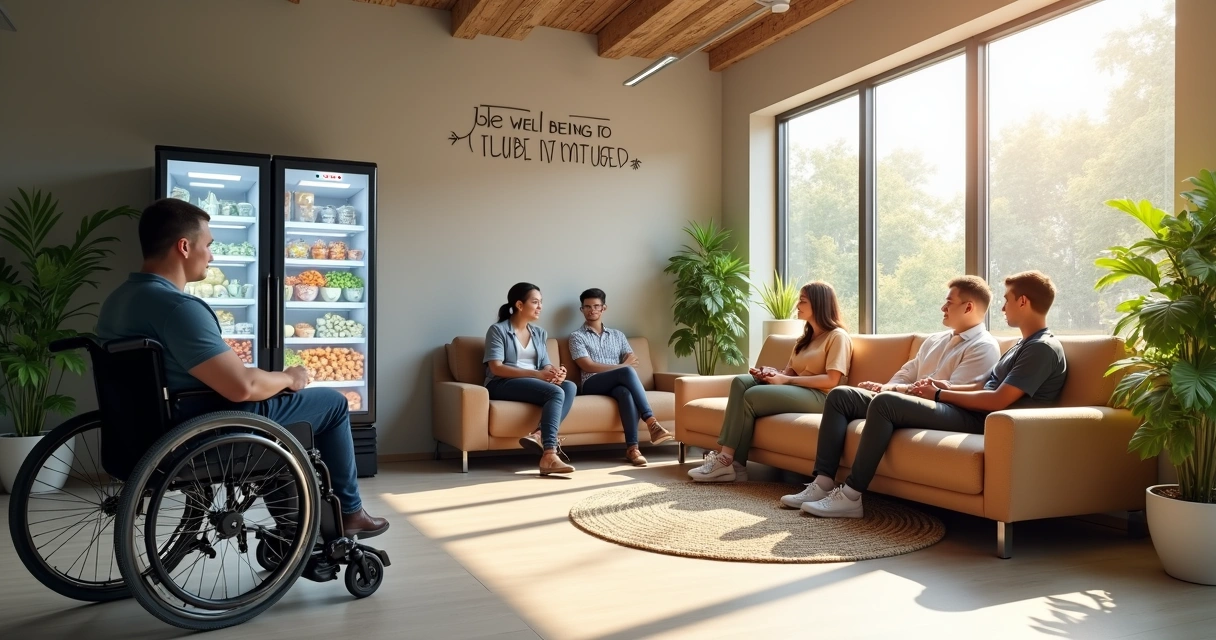 Equipe reunida em espaço de convivência inclusivo 