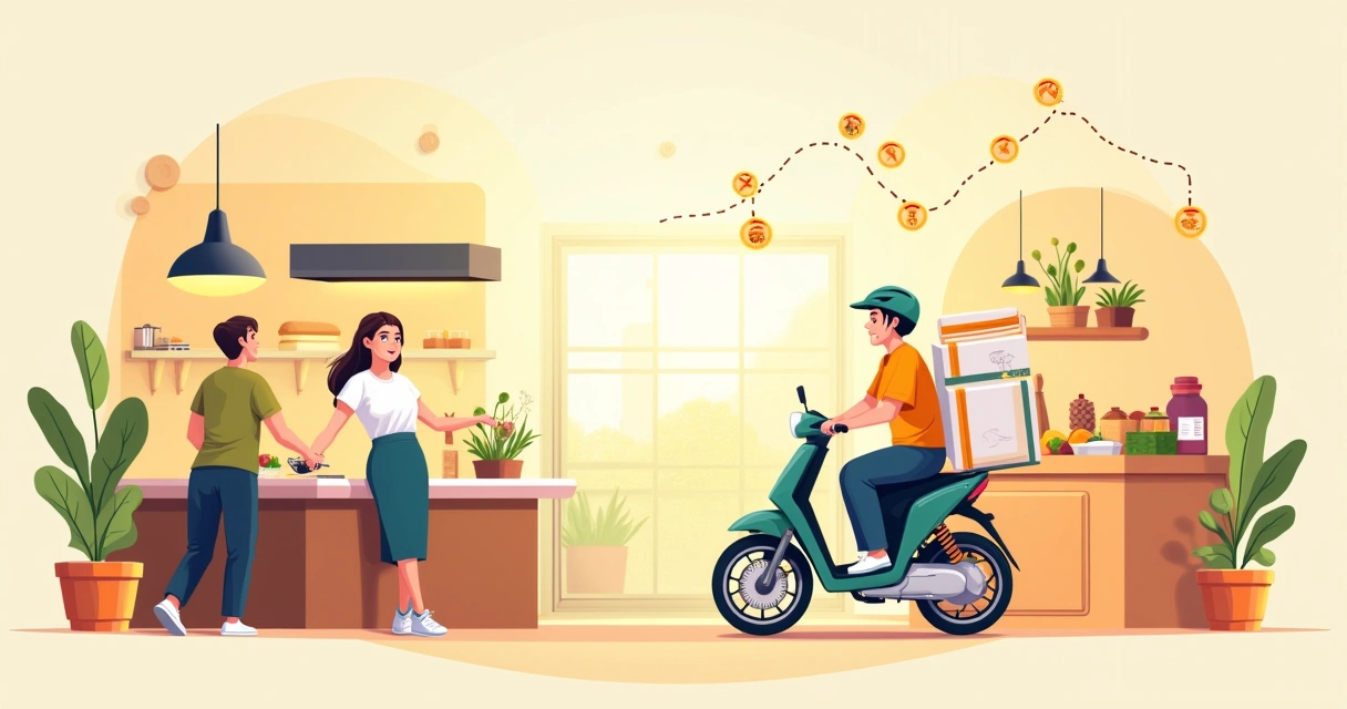 Ilustração de um ambiente de entrega vibrante com um chef, um motoboy e atendimento ao cliente na cozinha.