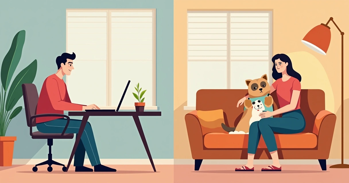 Pessoa em casa dividindo atenção entre notebook e família