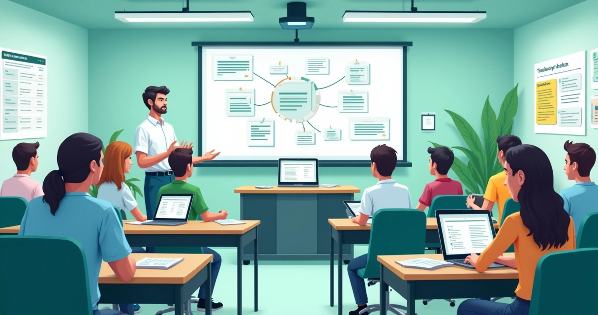 Ambiente escolar moderno com alunos aprendendo sobre assinaturas digitais com tablets e cartazes informativos.