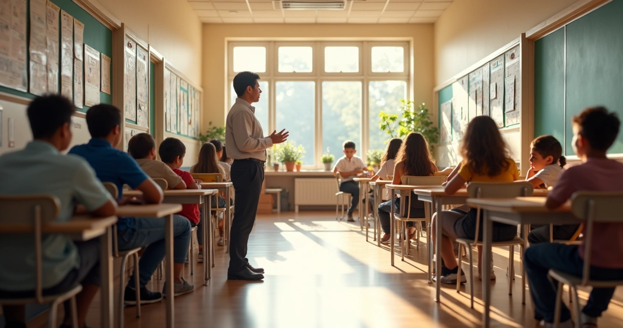 Equipe escolar e alunos em ambiente de convivência organizada 