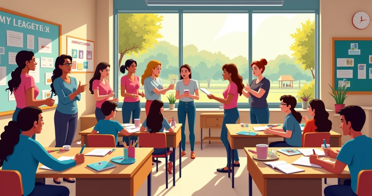 Ambiente escolar vibrante com professores e alunos engajados em atividades de aprendizagem colaborativa.