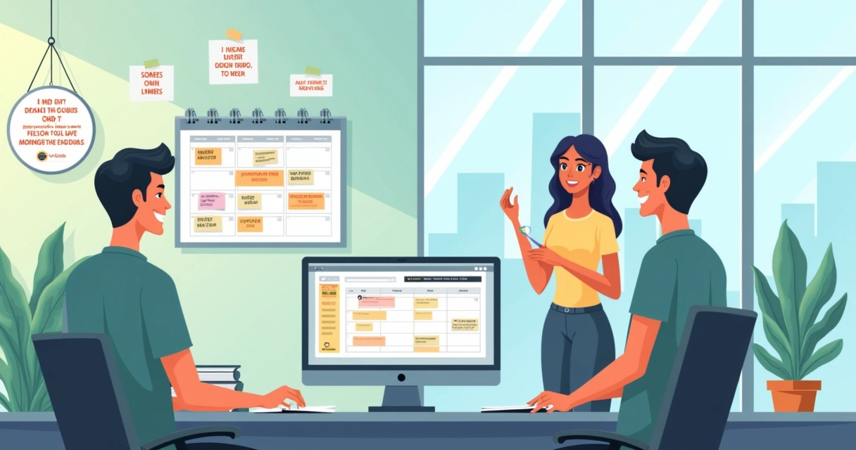 Ambiente de escritório moderno com área de agendamento, calendário e interações positivas entre cliente e atendente.
