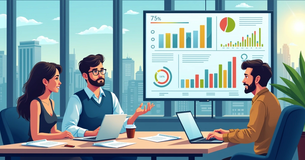 Ambiente de escritório moderno com profissionais conversando sobre coleta e análise de dados.