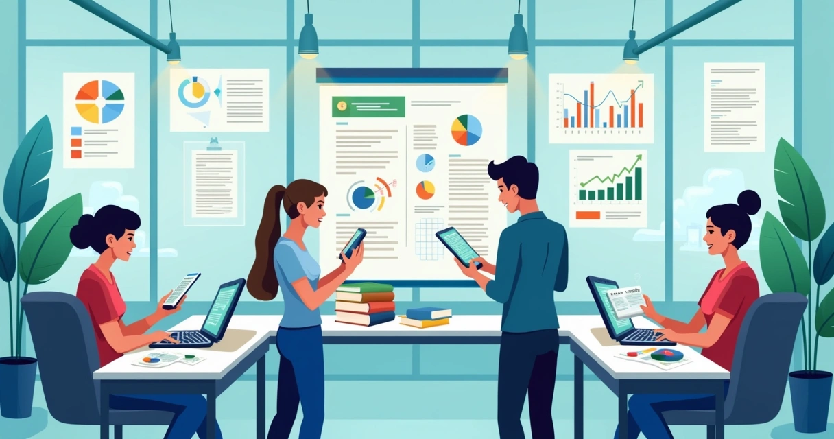 Ambiente de escritório moderno com equipe usando aplicativos de assistência técnica e gráficos de produtividade.