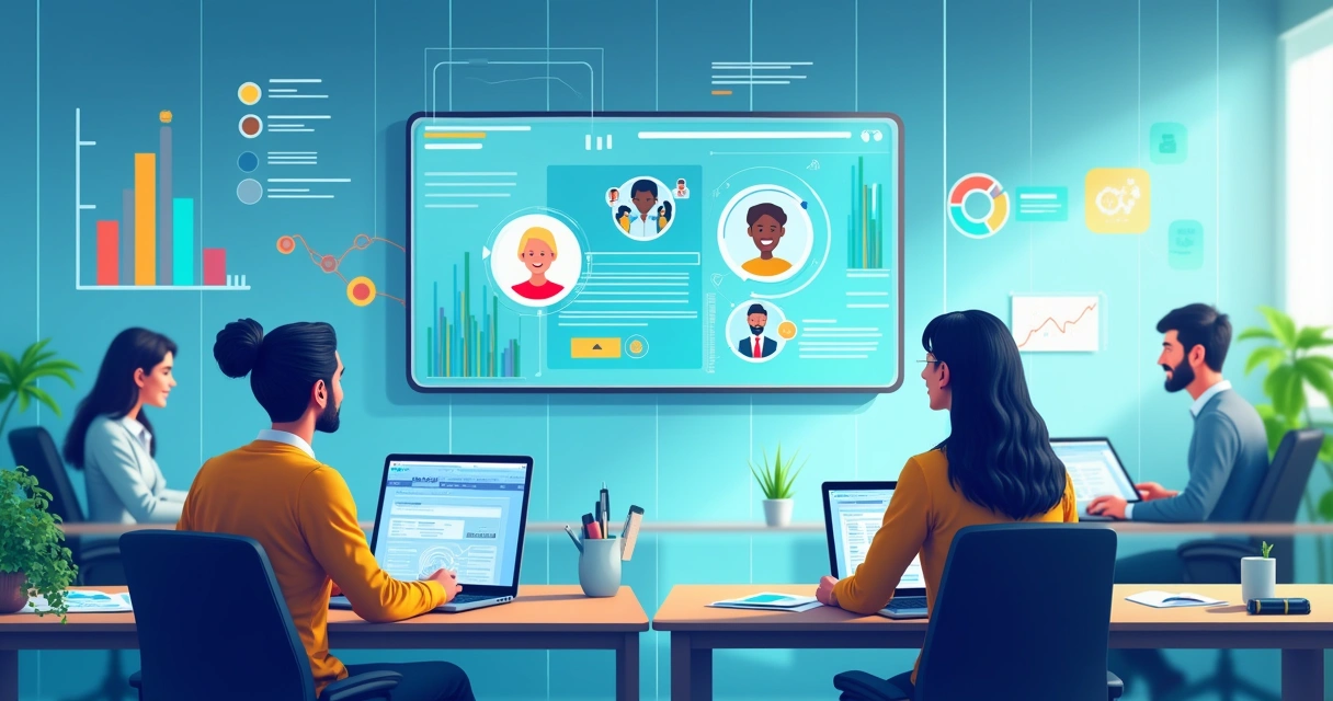 Ambiente de escritório moderno com assistente digital respondendo a dúvidas de clientes e funcionários criativos.