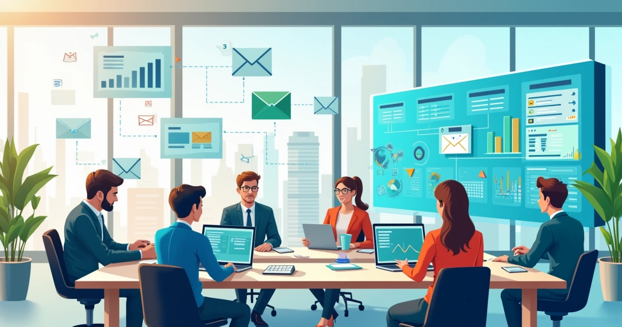 Ambiente de escritório moderno com profissionais discutindo, tela de automação de e-mails e gráficos de produtividade.