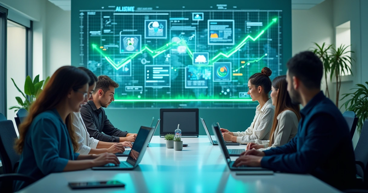 Equipe profissional diversificada em um escritório moderno, discutindo inovações em automação com gráficos de produtividade.