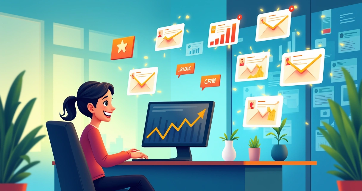 Ambiente de escritório vibrante com um representante de vendas utilizando tecnologia para automatizar follow-up.