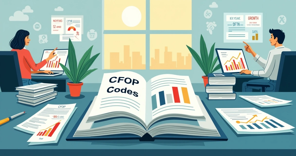 Ilustração de um ambiente de escritório com livros de CFOP, documentos e gráficos financeiros.