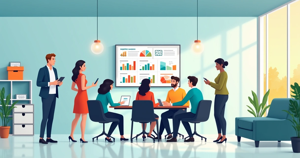 Ambiente de escritório colaborativo com funcionários discutindo feedback e ideias, clima positivo e elementos de modernidade.