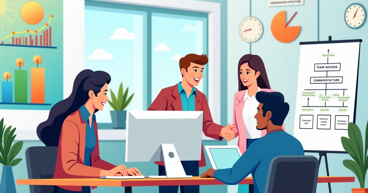 Ambiente de escritório vibrante com técnicos atendendo clientes e gráficos de crescimento nas paredes.