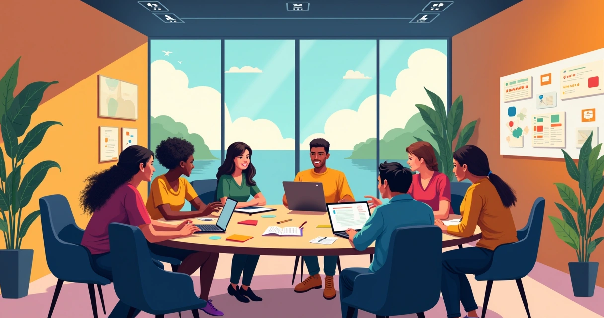 Reunião colaborativa em escritório com pessoas discutindo, laptops e ambiente inspirador. Vale a pena criar cultura forte.