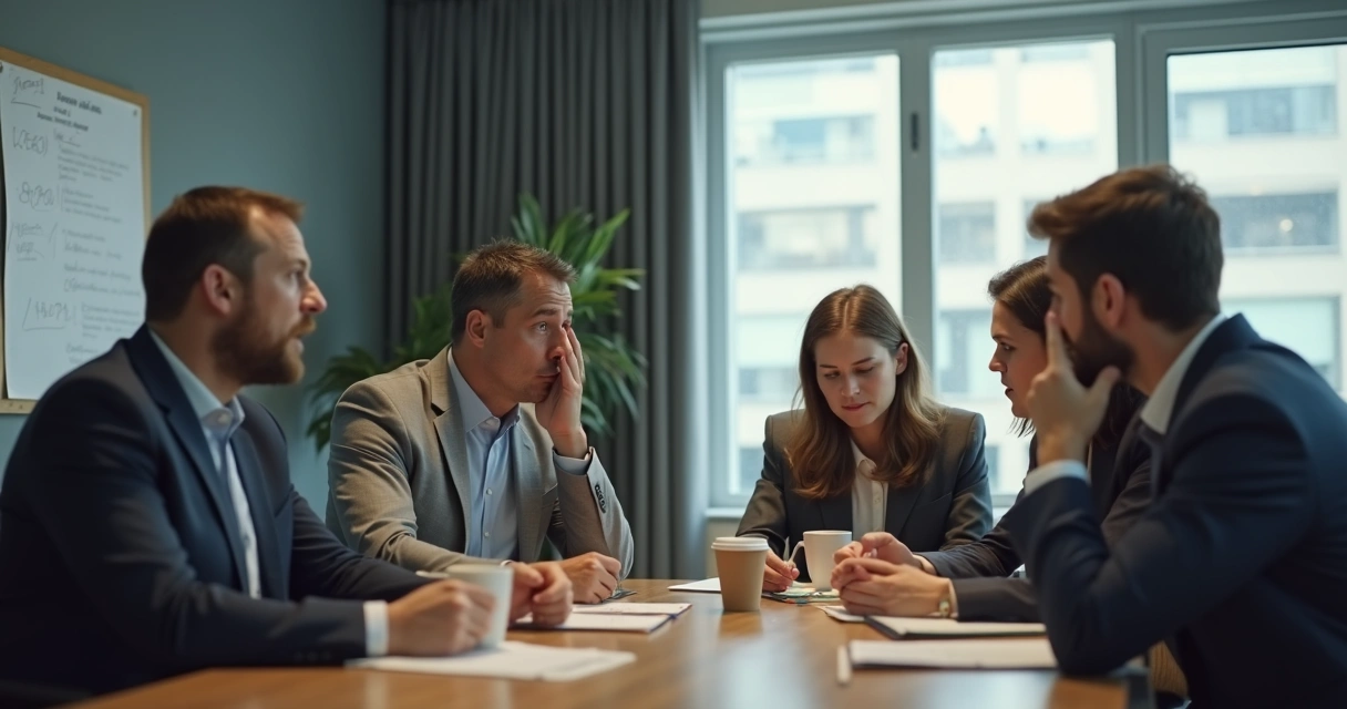 Colegas de trabalho em uma sala de reunião, expressando emoções diferentes enquanto interagem