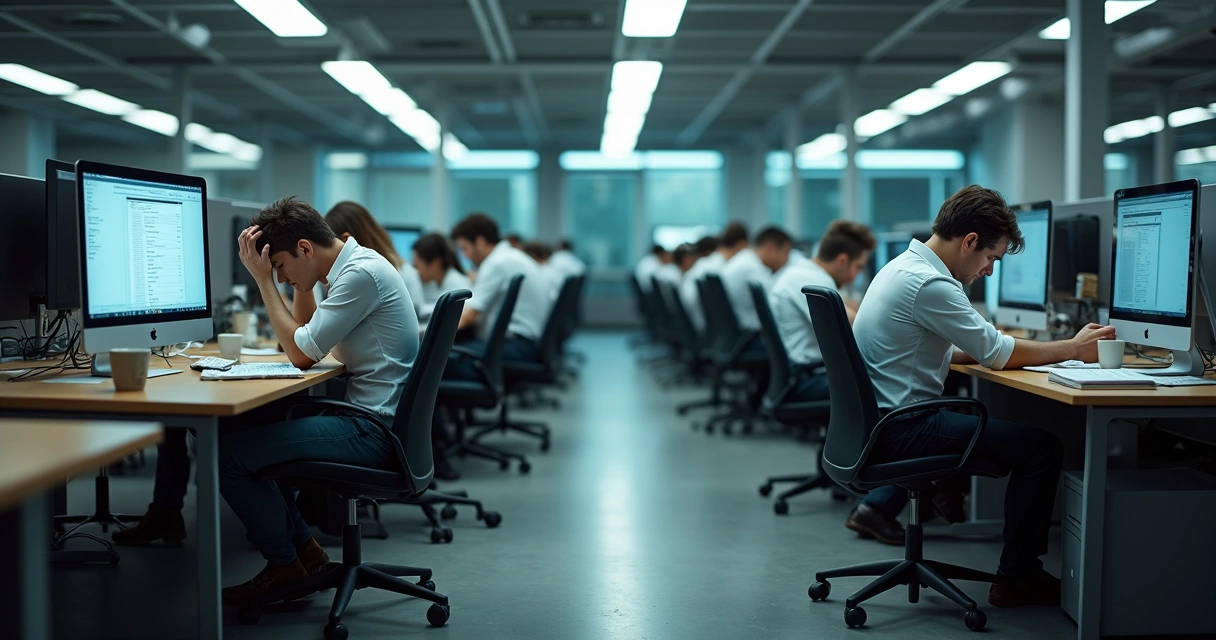 Ambiente de escritório lotado com pessoas estressadas