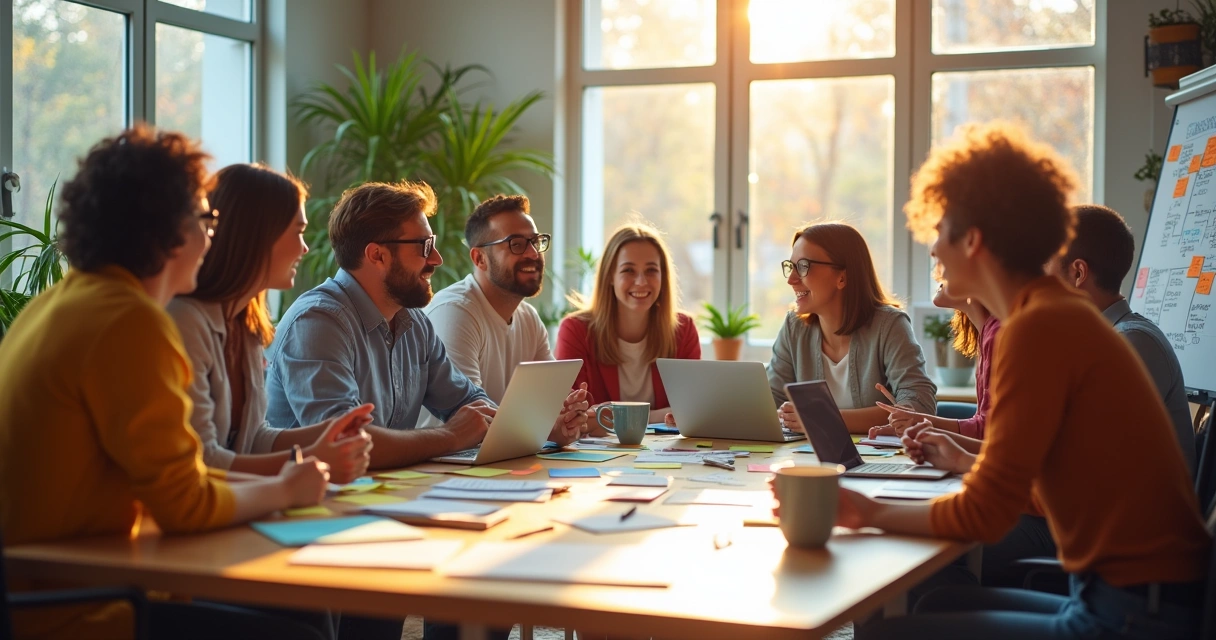 Ambiente de escritório vibrante com pessoas diversas discutindo e colaborando em inovações.