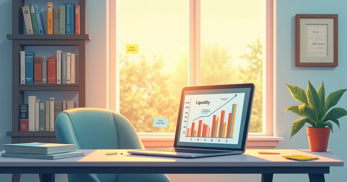 Ambiente de escritório em casa com elementos de investimentos e gráficos financeiros.