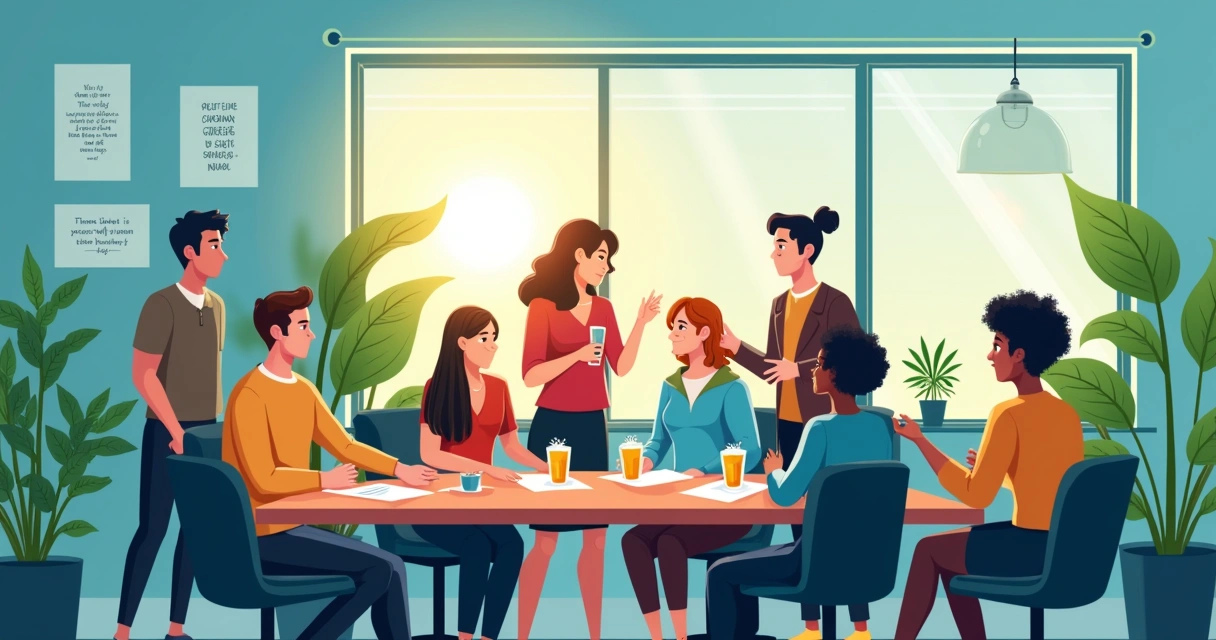 Ilustração de um ambiente de escritório vibrante com funcionários colaborando e celebrando conquistas.