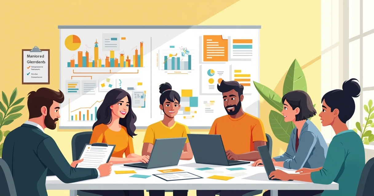 Ambiente de escritório com equipe discutindo ordens de serviço e organizando tarefas, destacando colaboração.
