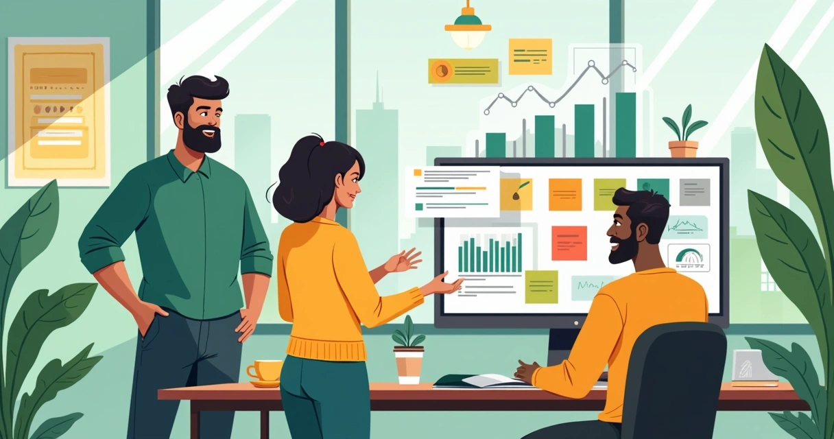 Ambiente de escritório vibrante com equipe diversificada colaborando em projeto e ferramentas de gestão.