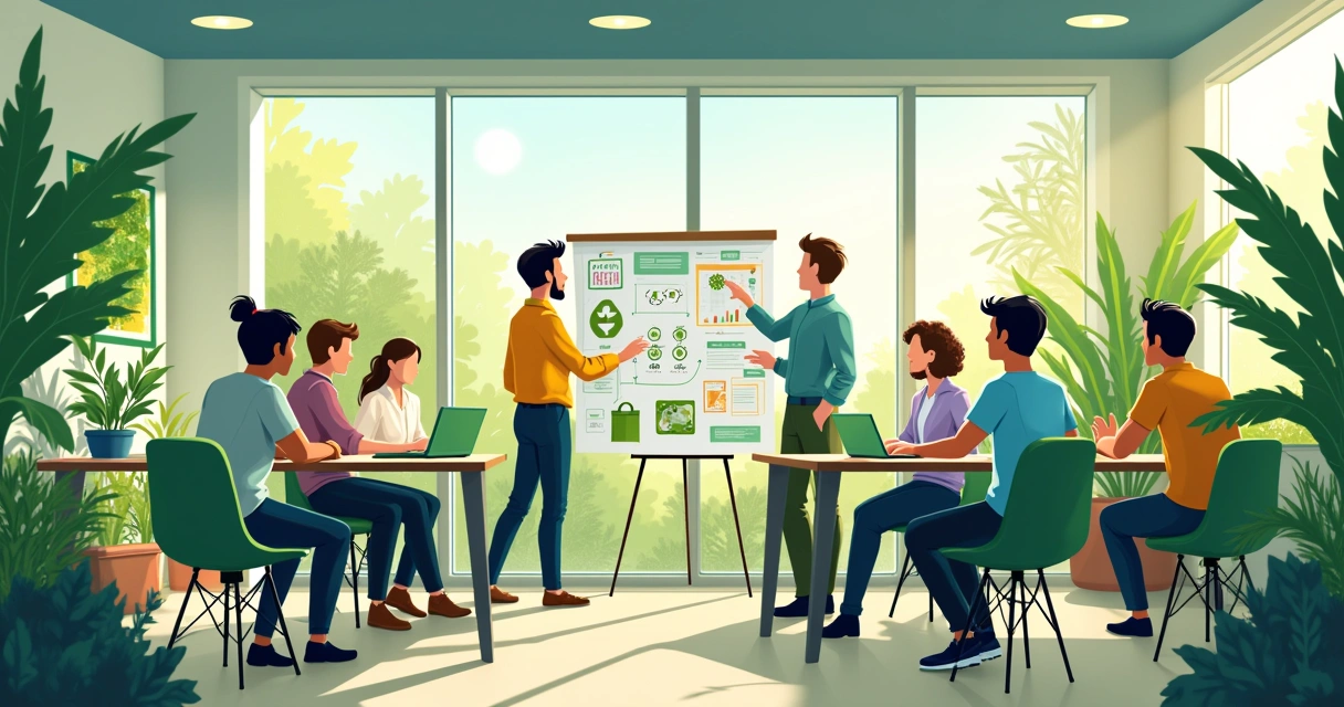 Ambiente de escritório sustentável com colaboradores brainstorming ideias ecologicamente responsáveis.