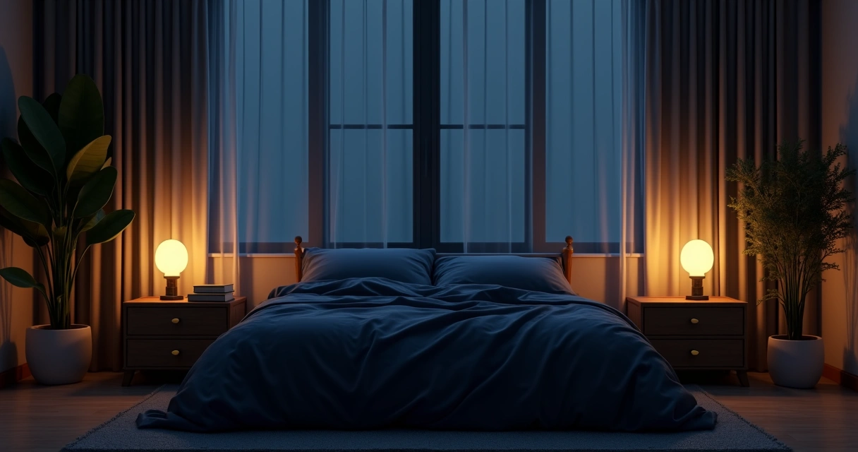 Quarto escuro e aconchegante, cama arrumada, cortinas bloqueando luz, decoração suave