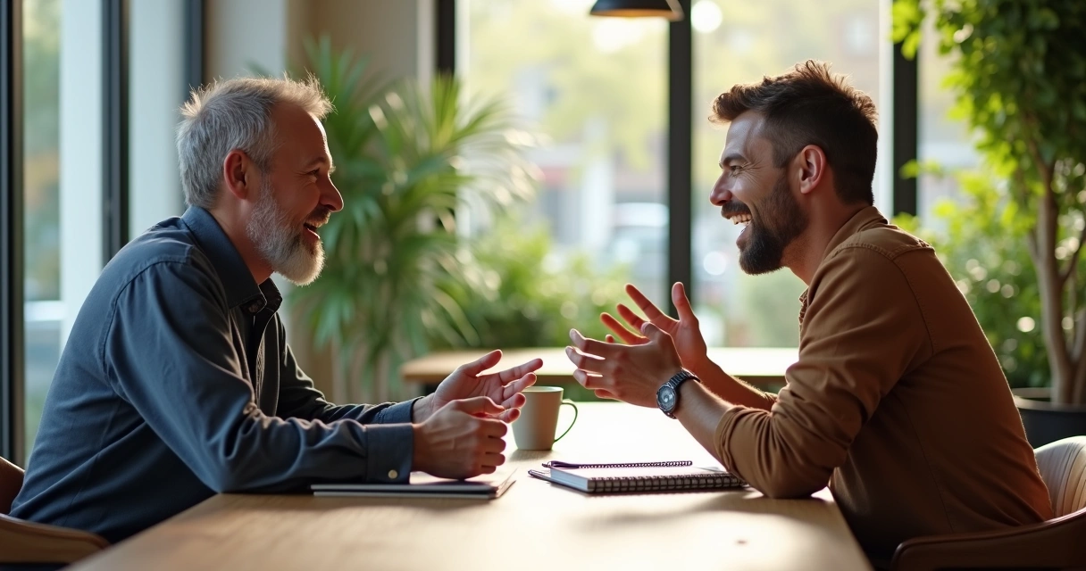 Duas pessoas adultas conversando animadas em uma cafeteria luminosa 