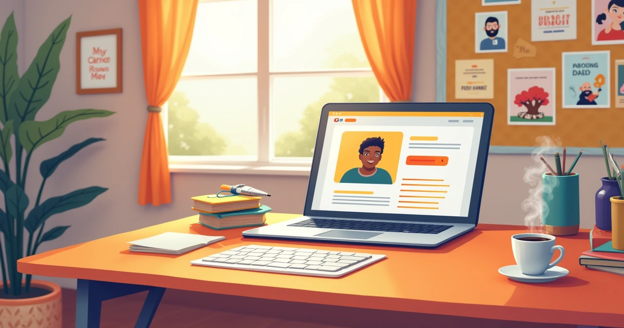 Ambiente de estudo com mesa, laptop, xícara de café, livros e luz suave, ilustrando a facilidade do aprendizado online.