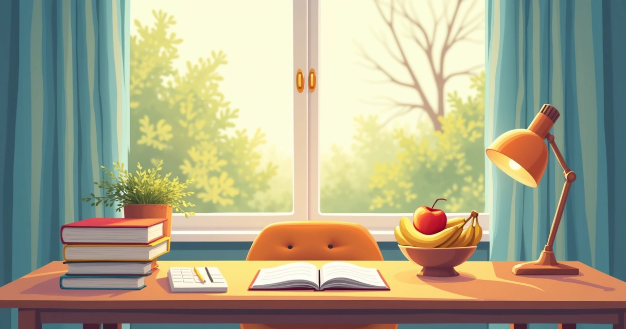 Ambiente de estudo sereno com mesa, livros, frutas e distrações sutis em foco.