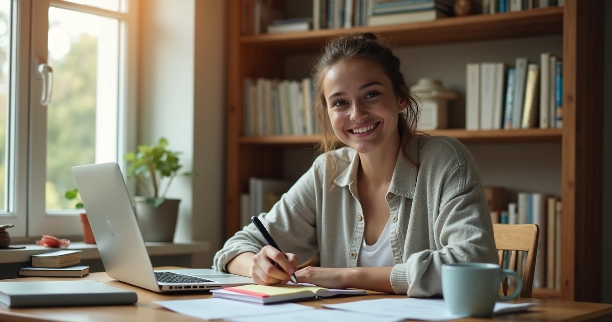 Pessoa estudando com expressão leve em mesa organizada