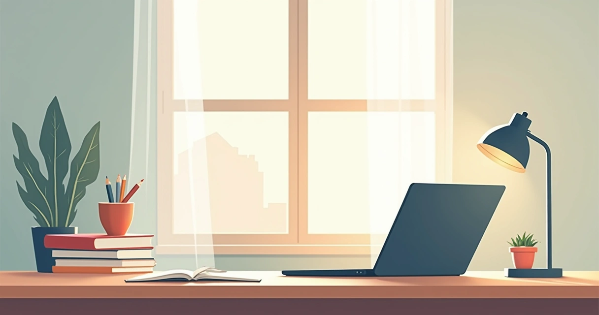 Mesa de estudos bem organizada, com livros, laptop e poucos objetos 