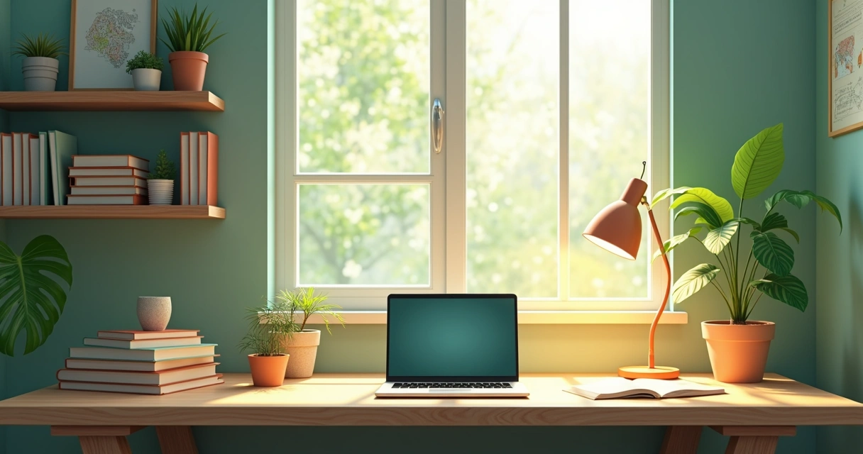 Ambiente de estudo online iluminado, com livros e plantas 