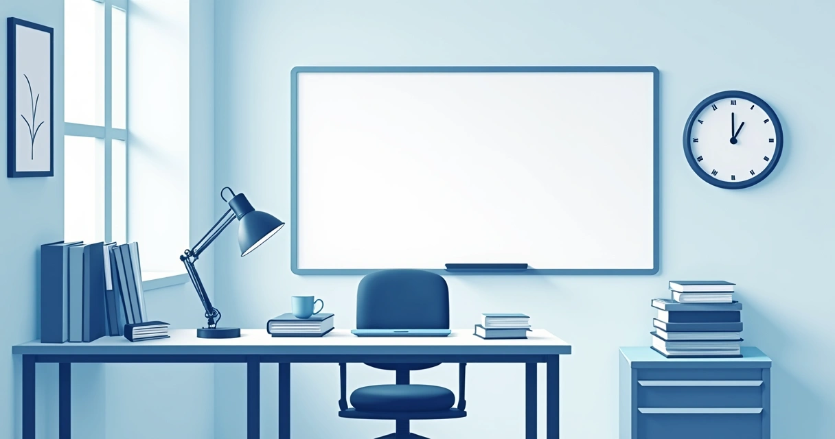 Mesa de estudo organizada com material escolar e quadro branco ao fundo