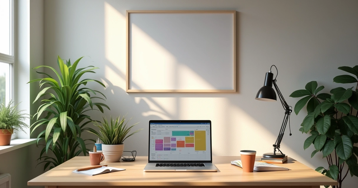 Ambiente de estudo organizado com laptop, cronograma, caderno e café em uma mesa de madeira.