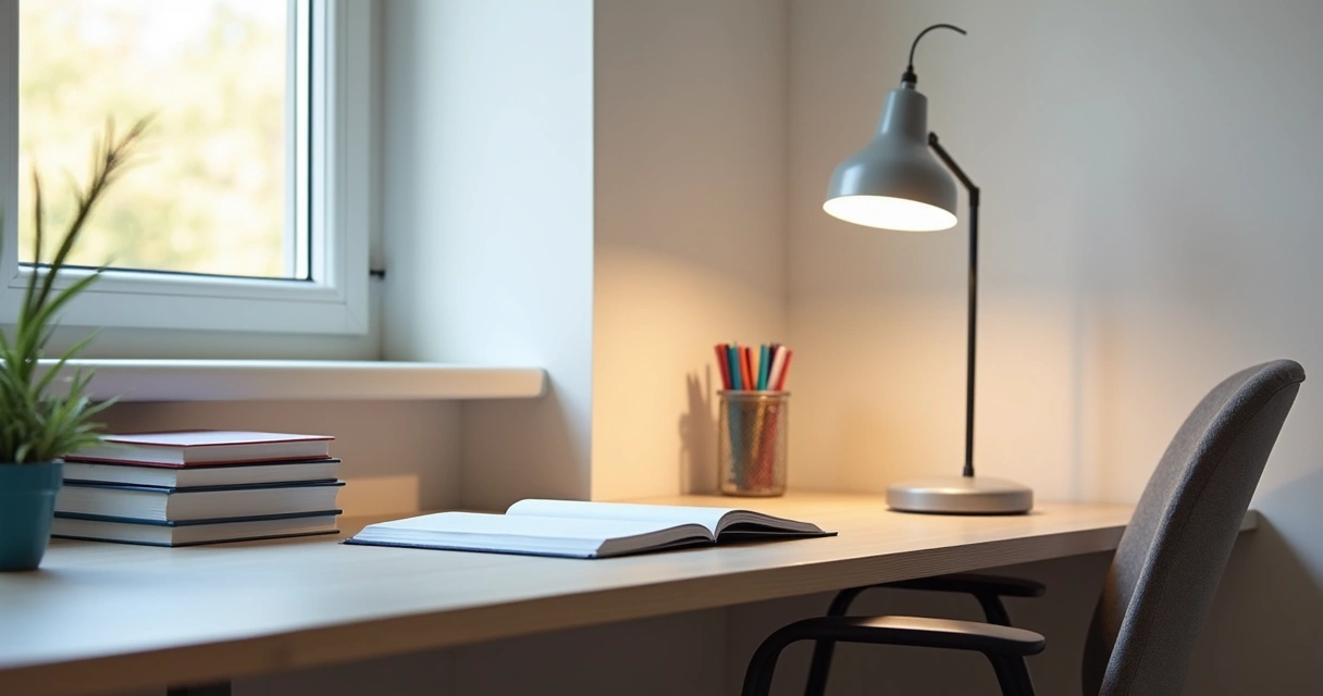 Mesa de estudo limpa com material escolar, garrafa de água e luminária 