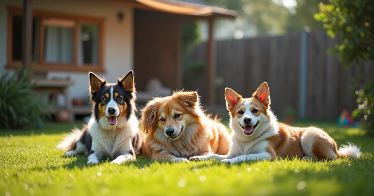 Cães diversos a brincar livremente no jardim de uma casa