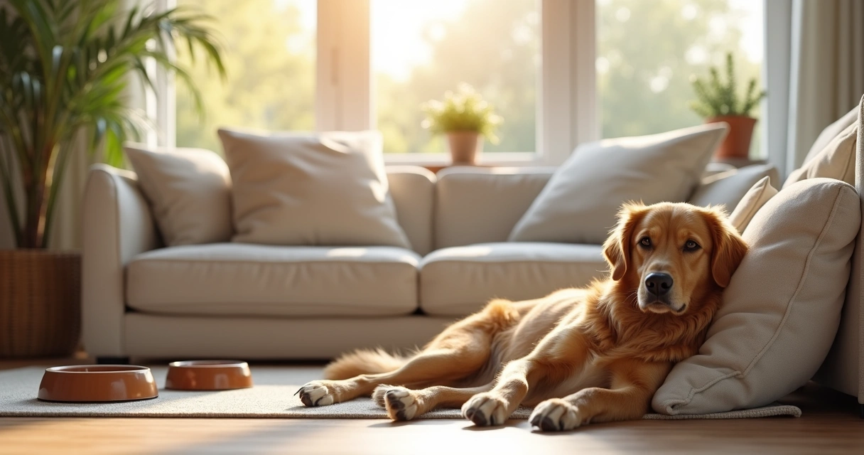 Cão relaxado no sofá, ambiente caseiro em Portugal 