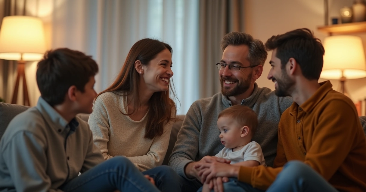 Grupo familiar sentado conversando em ambiente acolhedor 