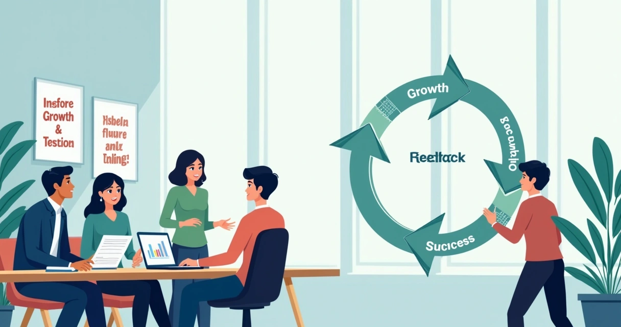 Ambiente de escritório com equipe recebendo feedback construtivo e interações positivas.